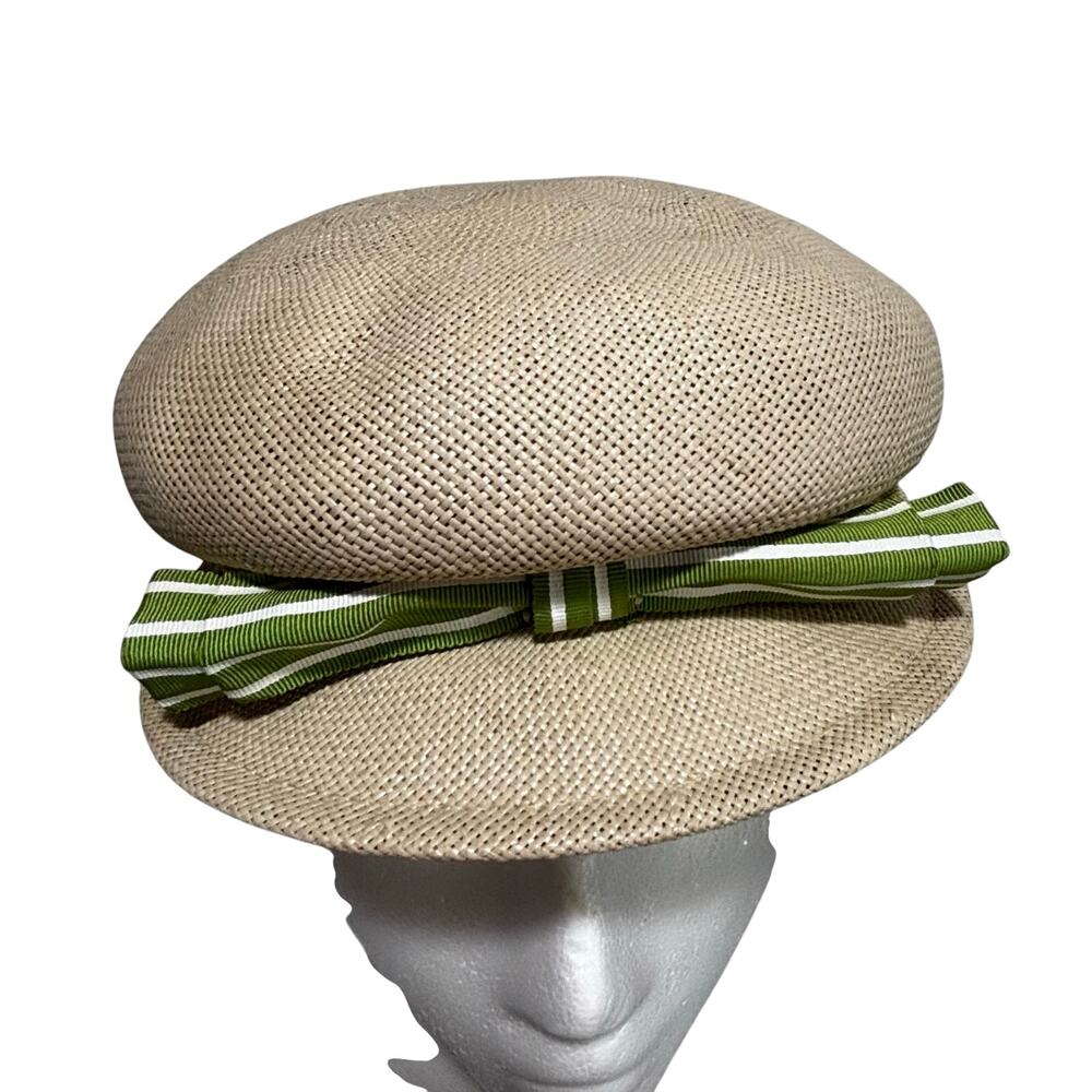 Vintage Union Made beige straw hat cap with green grosgrain ribbon trim hatband - Picture 2 of 8